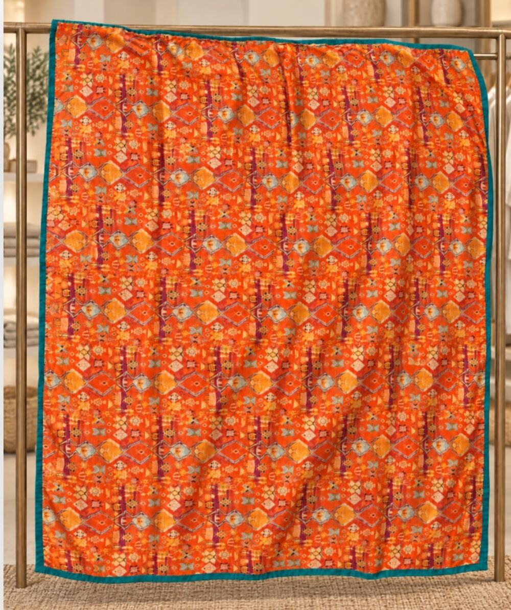 Geometric Block Print Square Tablecloth Orange Teal 49x49.5